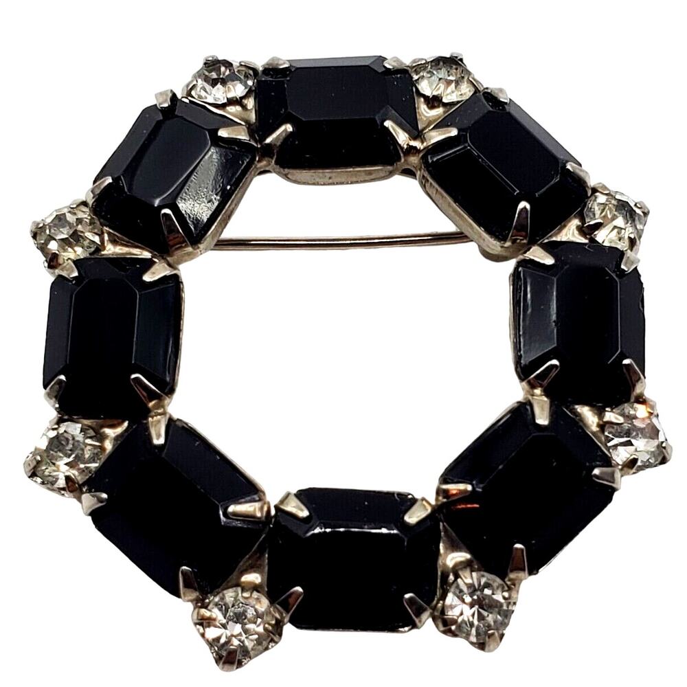 Circle Black Rhinestone Brooch Round Silver Tone Pin Infinity Wreath Vintage 60s